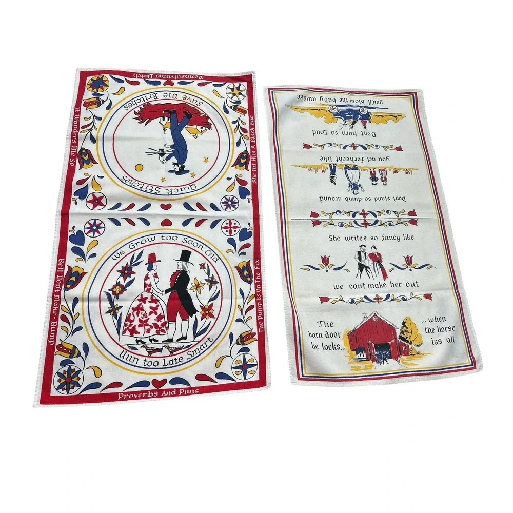 2 Hand Prints Linen Tea Towels Pennsylvania Dutch Amish Vintage 16